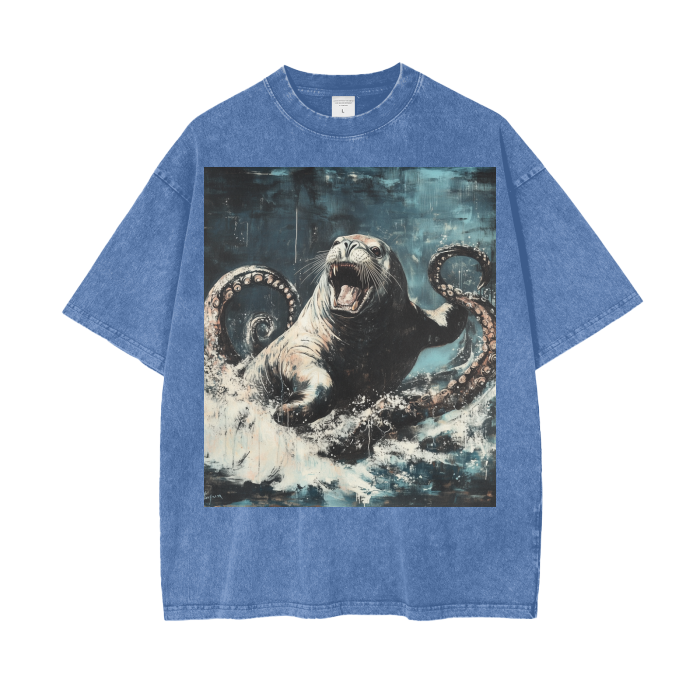 Rustic Kraken Vs Sea Lion Ocean Waves Acid Wash Oversize T-Shirt - 250 GSM