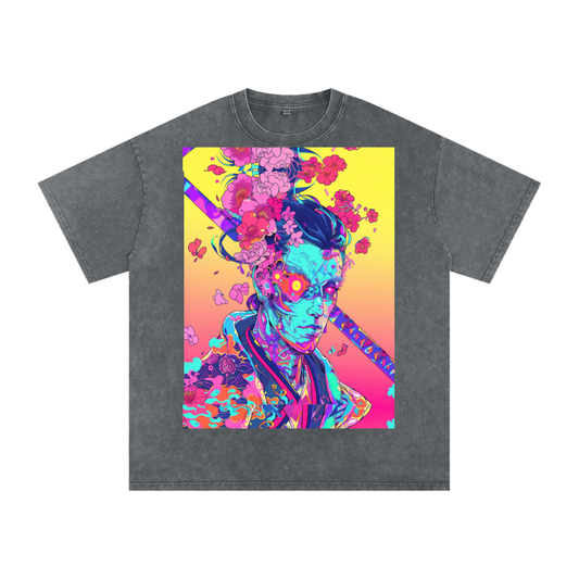 Avant Ombre Floral Samurai Cherry Blossoms Unisex Tee Snow Washed Oversized Cotton T-Shirt