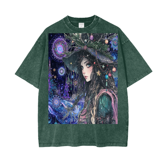 Winter Holiday Christmas Foliage Tree Goddess in the woods of Fractal psychedelic Neon Sky Acid Wash Oversize T-Shirt - 250 GSM