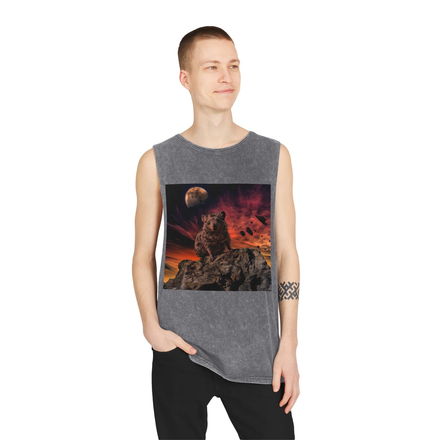 Hyrax Western Sky Rocks Sunset with Moon UnisexGrey Stonewash Tank Top