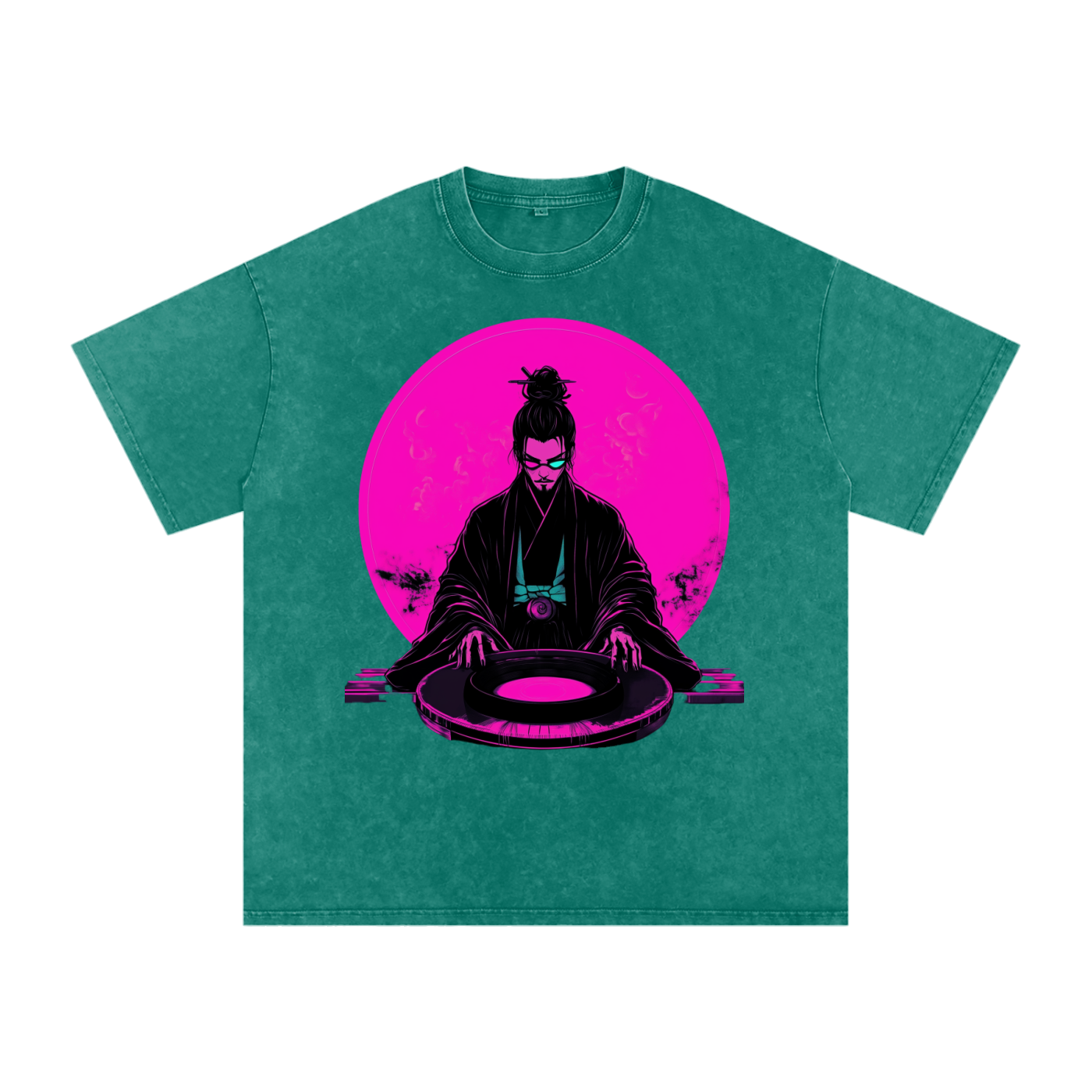 Neon Moon DJ Edo Samurai Wizard Traveler Grunge Punk Rave Festival Acid Wash Oversize T-Shirt - 250 GSM