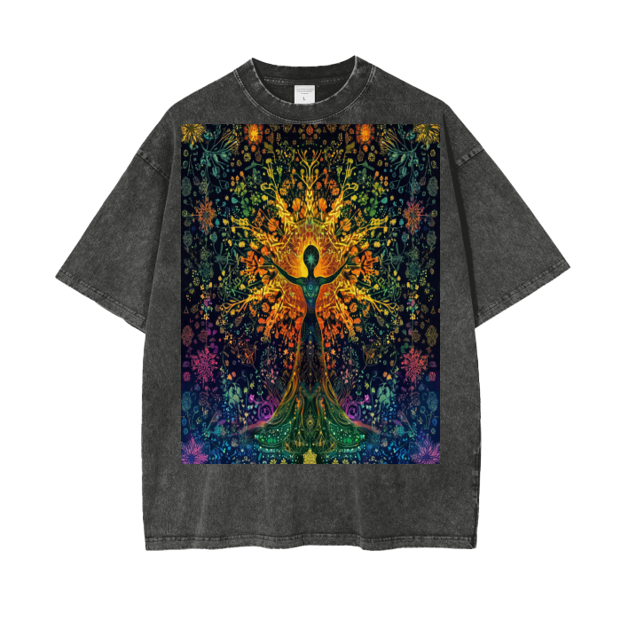 Pagan Goddess of Solar Woodland Harvest Winter Snowflake Psychedelic color burst Festival Psy streetwear Acid Wash Oversize T-Shirt - 250 GSM