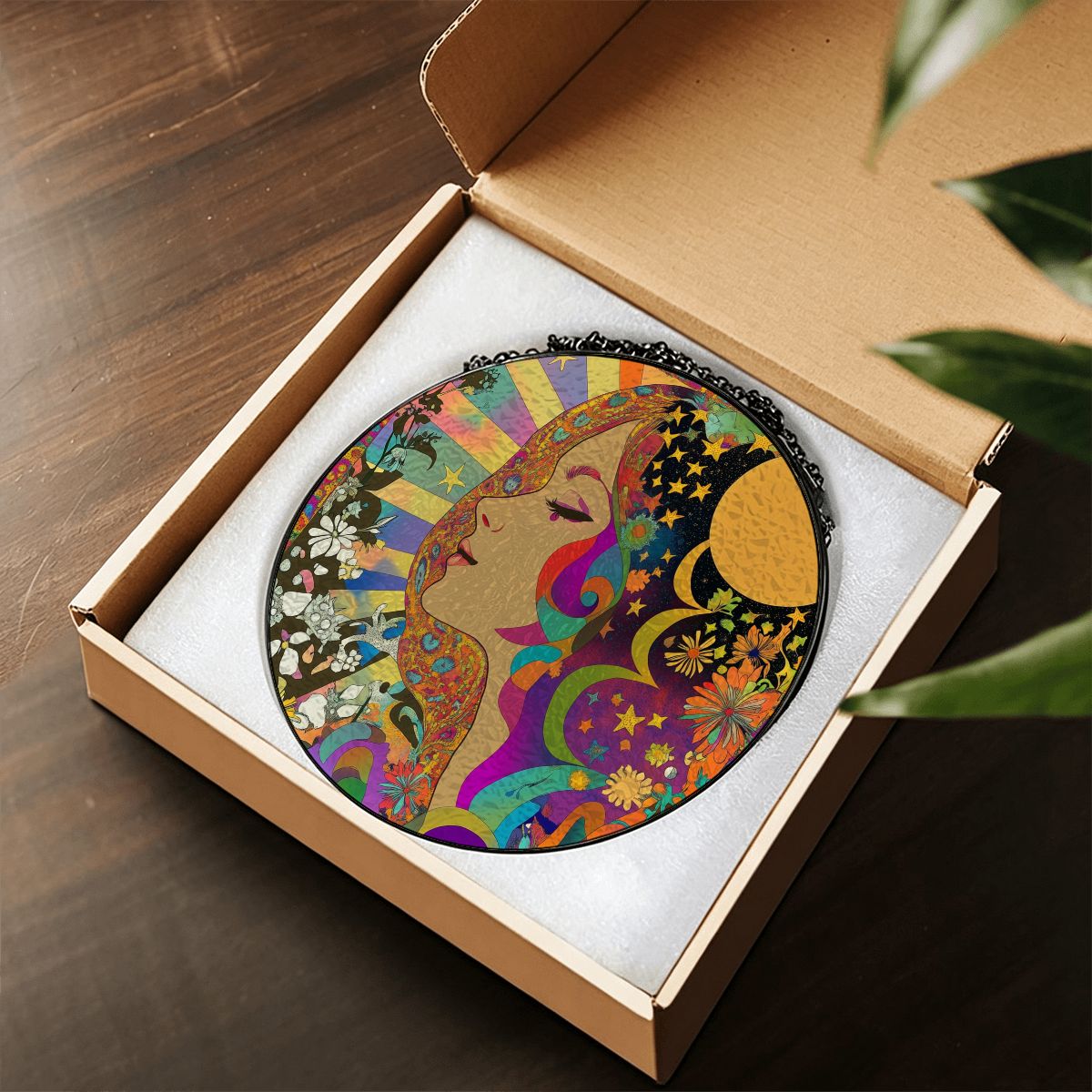 Stained Glass Suncatcher Art Neveau Psychedelic Celestial Sun Moon Beam Love Goddess Window Hanging
