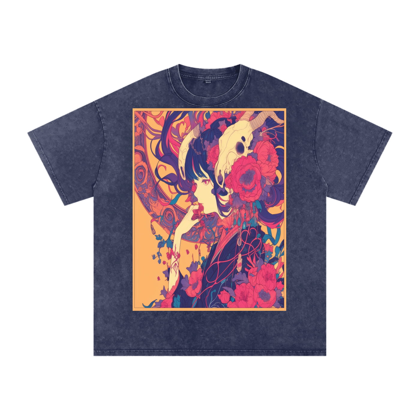 Autumn Avant Yellow Girl Floral Nouveau Skull Unisex Tee-Snow Washed Oversized Cotton T-Shirt