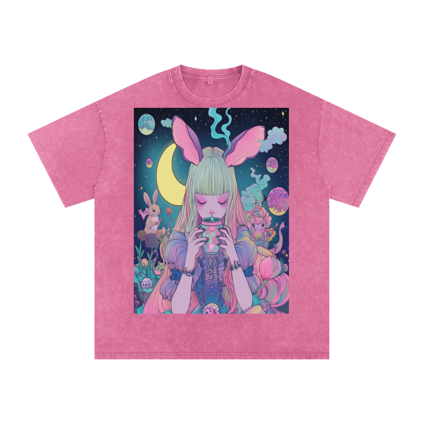 Tea Time Boba UV Pastel Alice SipTee by Moonlight Snow Washed Oversized Cotton T-Shirt