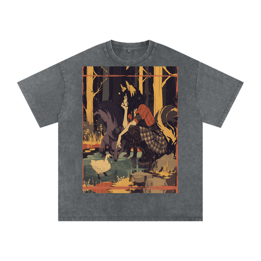 Cottagecore Fox Girl Lake Woodland Anime Plaid School Girl Steampunk Goth Anime Graphic Tee-Snow Washed Oversized Cotton T-Shirt
