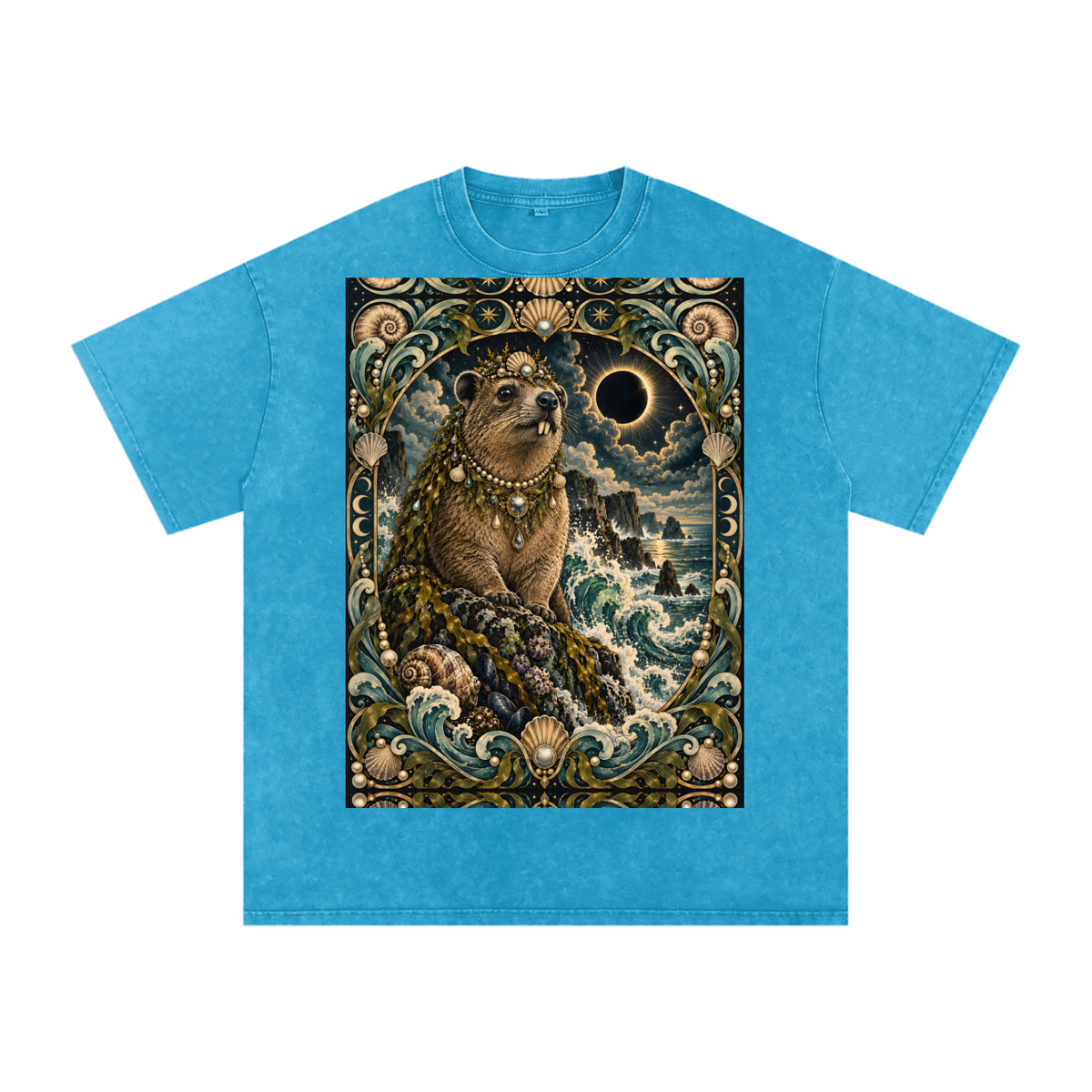 Sea Waves Hyrax Eclipse Moon Night Hyrax Royal Noble Steed Grunge Tooth Snow Washed Oversized Cotton T-Shirt