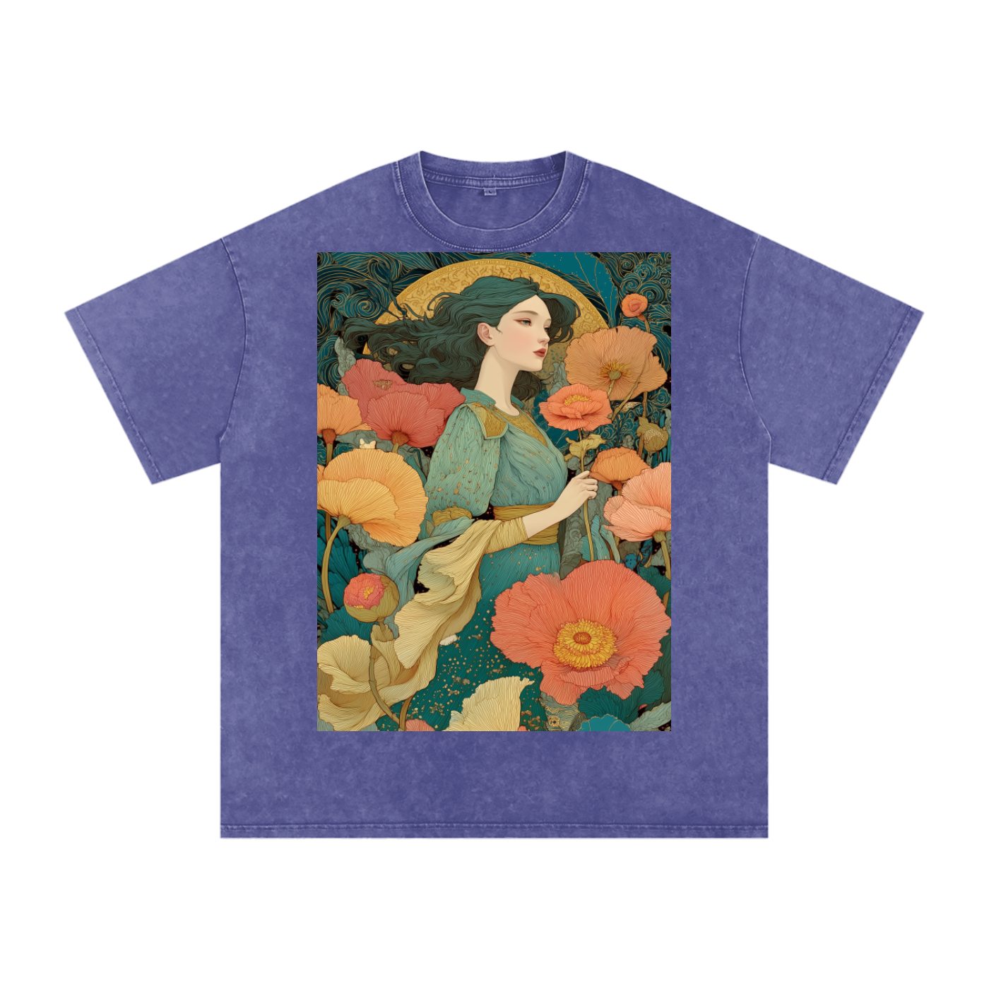 Teal Floral Nouveau Moon Field maiden Snow Washed Oversized Cotton T-Shirt
