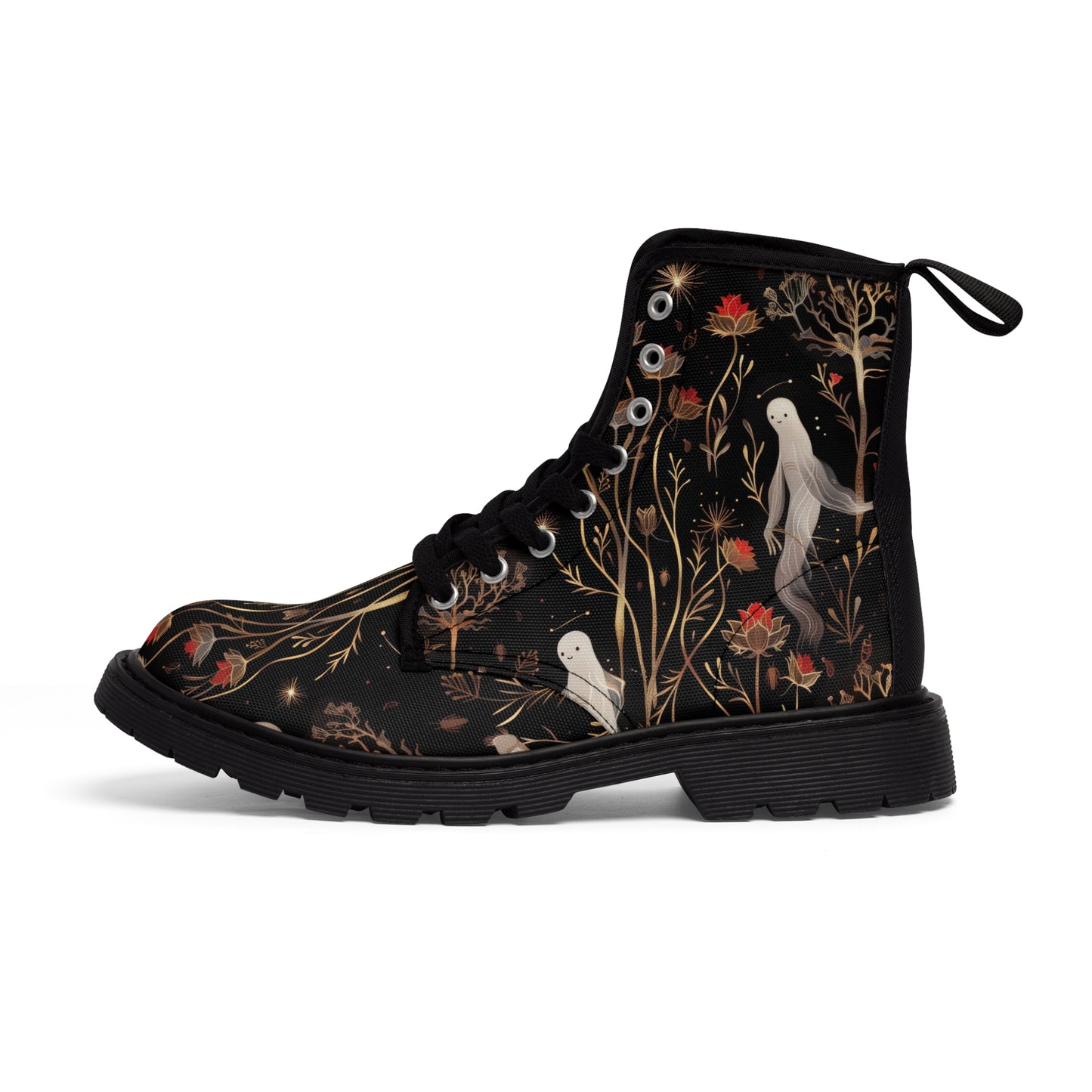 Fall Floral Anime Ghost Red Gold Flower Floating Night Scene Men's Canvas Boots