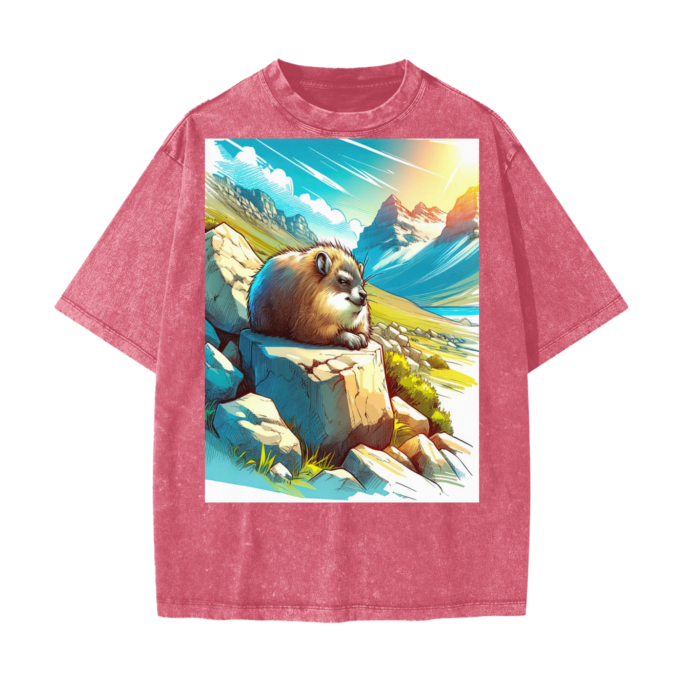 Anime Hyrax Blue skies basking on Rocks in field Festival Rave Unisex T-Shirt Heavyweight Snow Washed T-Shirt