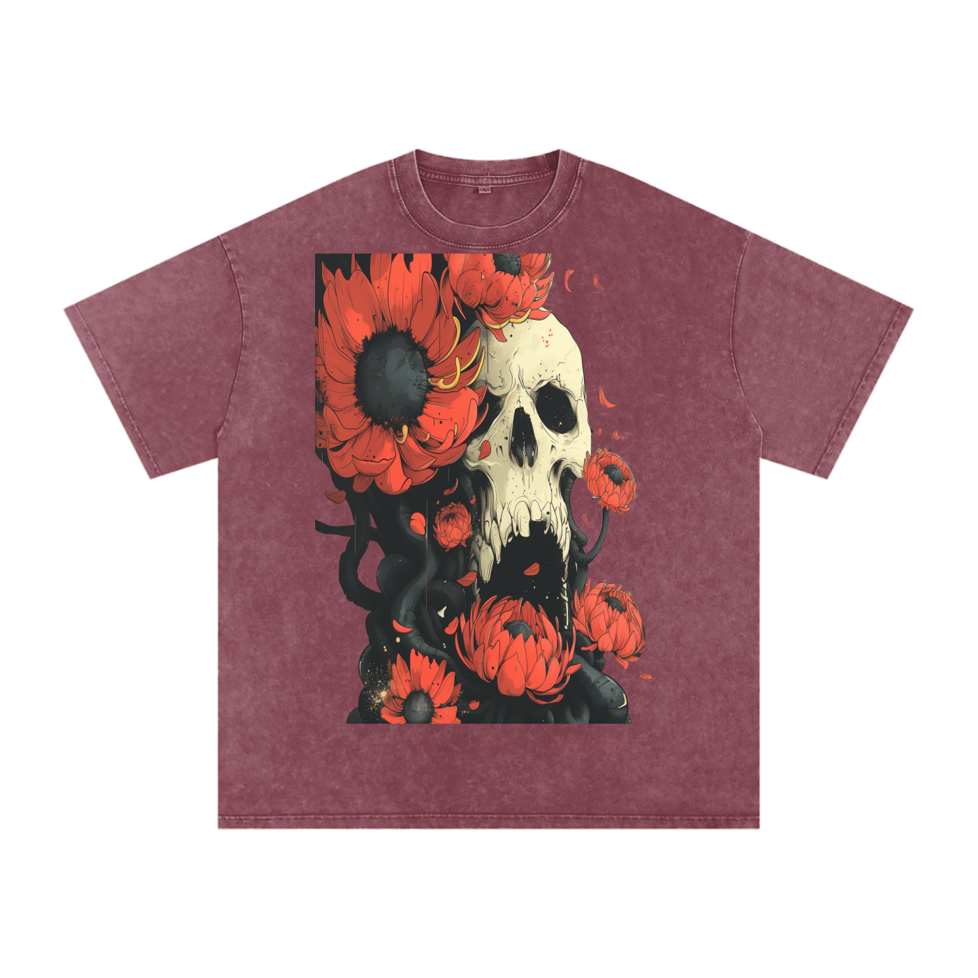 Floral Skull Sepia Goth Petal Octopi Goth Anime Unisex Tee Snow Washed Oversized Cotton T-Shirt