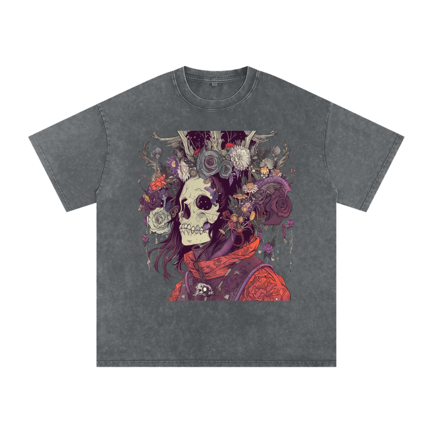 Skull Floral Sepia Warrior Tattoo Abstract Unisex graphic Tee Snow Washed Oversized Cotton T-Shirt