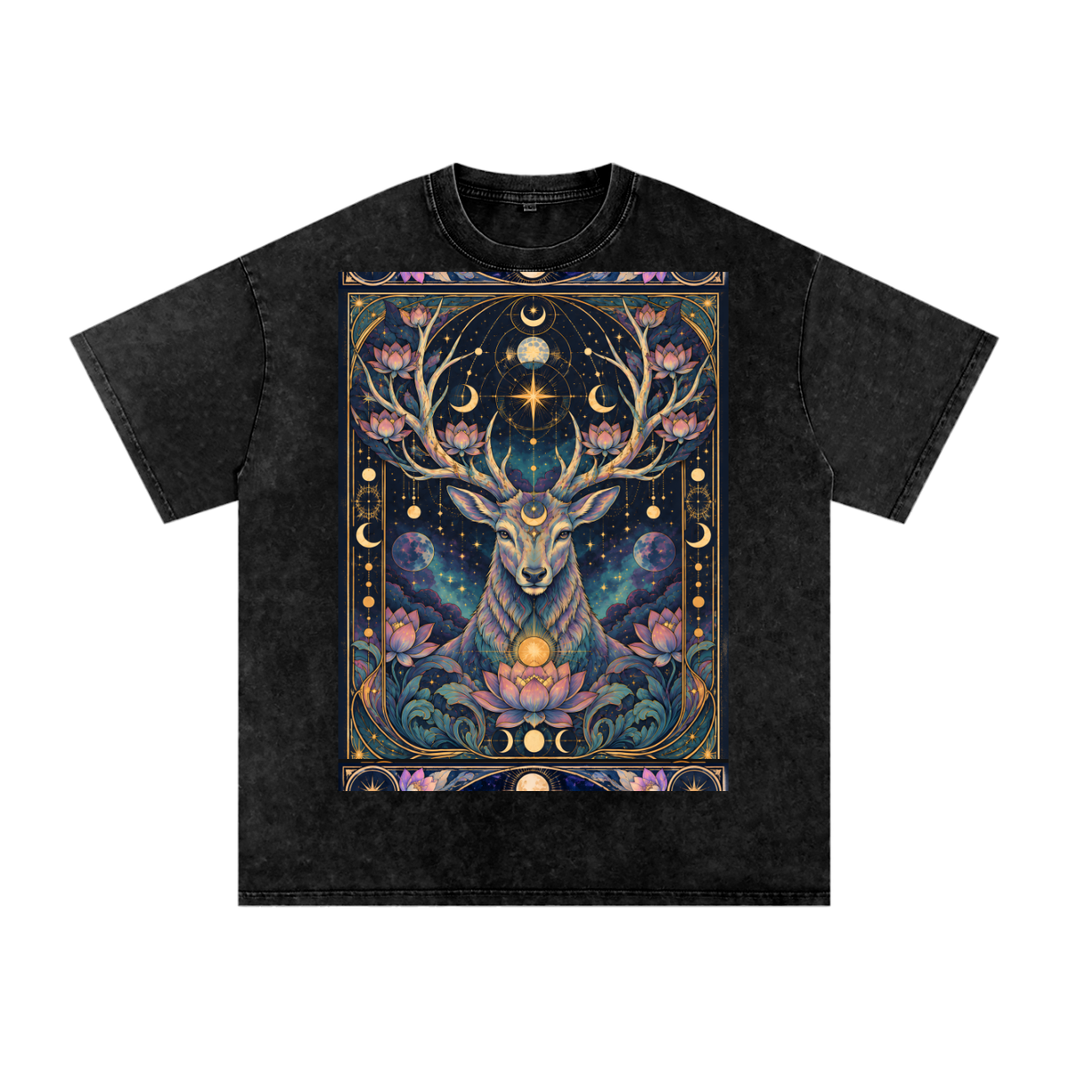 Cosmic Space Deer Lotus Moon Grunge Psy Festival Snow Washed Oversized Cotton T-Shirt