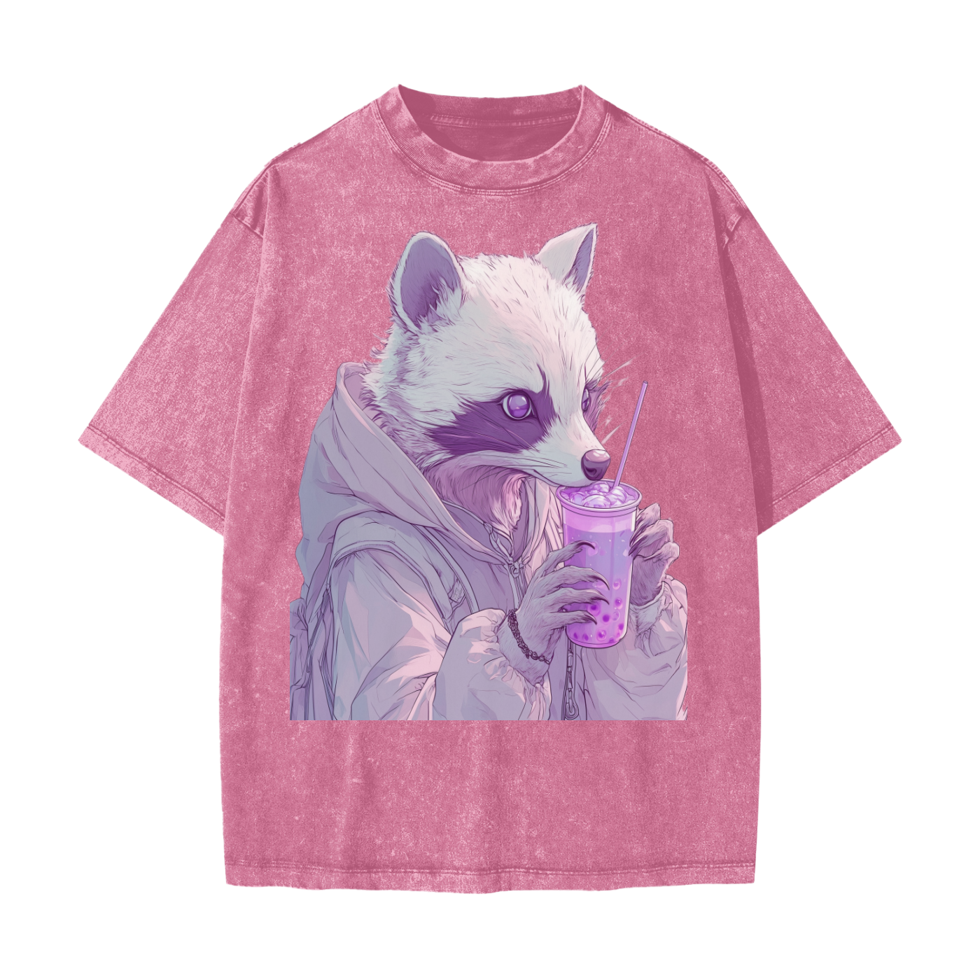 Pastel Pink Lavender Racoon Rainy Day Grunge Punk Anime Boba Tea Boyfriend fit  Acid Wash Oversize T-Shirt - CottonHeavyweight Snow Washed T-Shirt