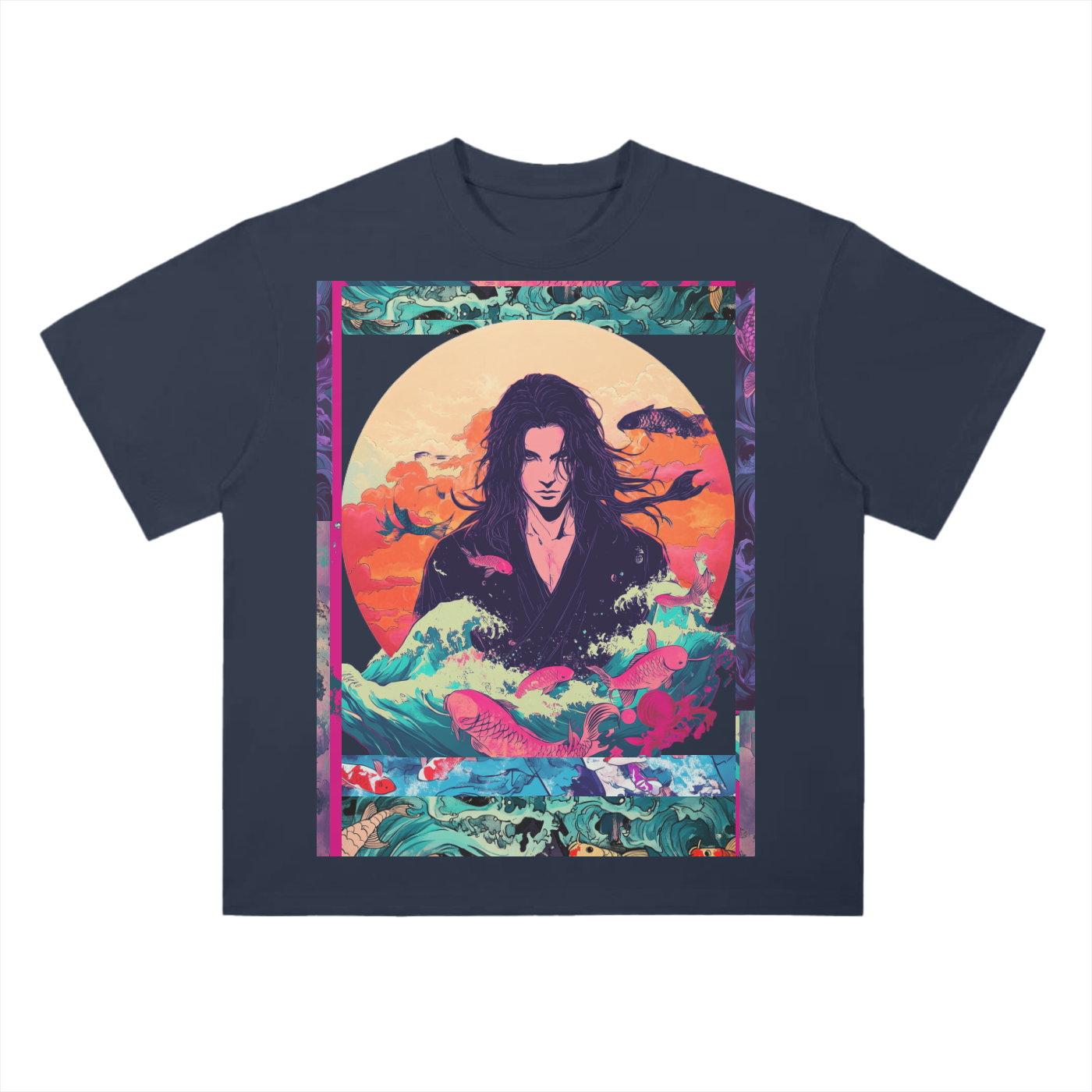 Retro Beach Koi Edo Shaman Kibuki Man Beach Wave Sun Melt Skyline Vision Graphic Drop Shoulder T-Shirt