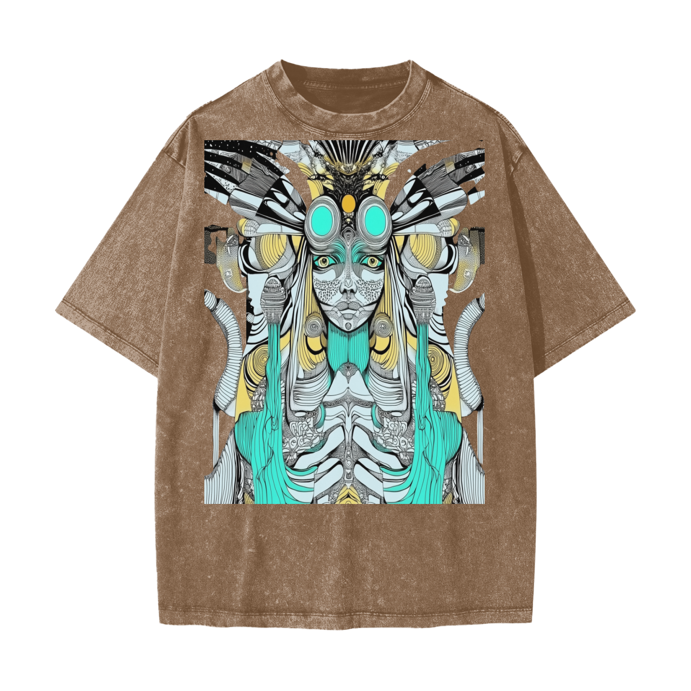 Alien Aztec Atlantean Tribal Vision Psychedelic Rave Streetwear American Vintage Waxed Dyed Washed  Heavyweight 100% Cotton T-Shirt