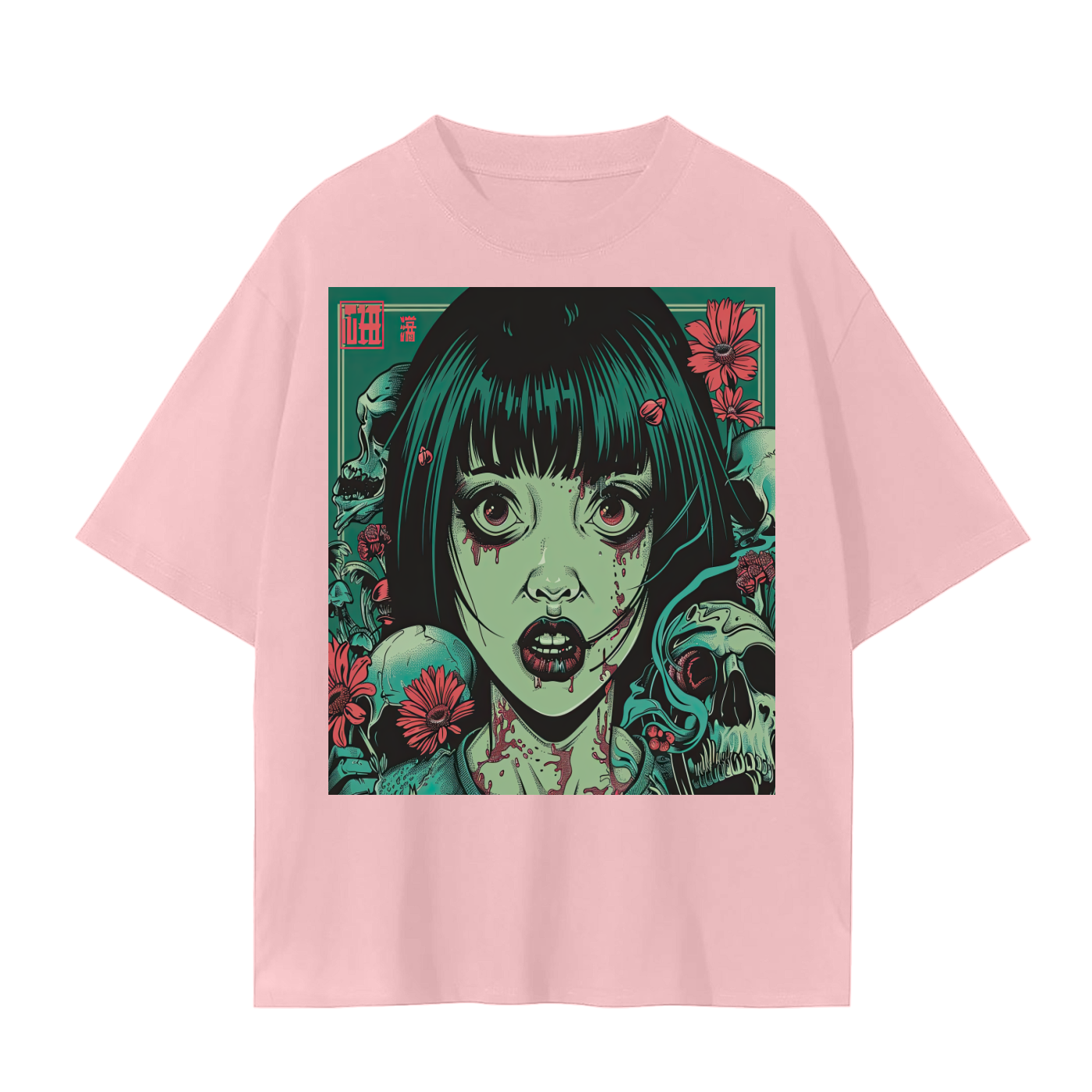 Brutalism Green Face Anime Skull Girl Tattoo Red Floral Unisex Tee Unisex Seamless T-Shirt