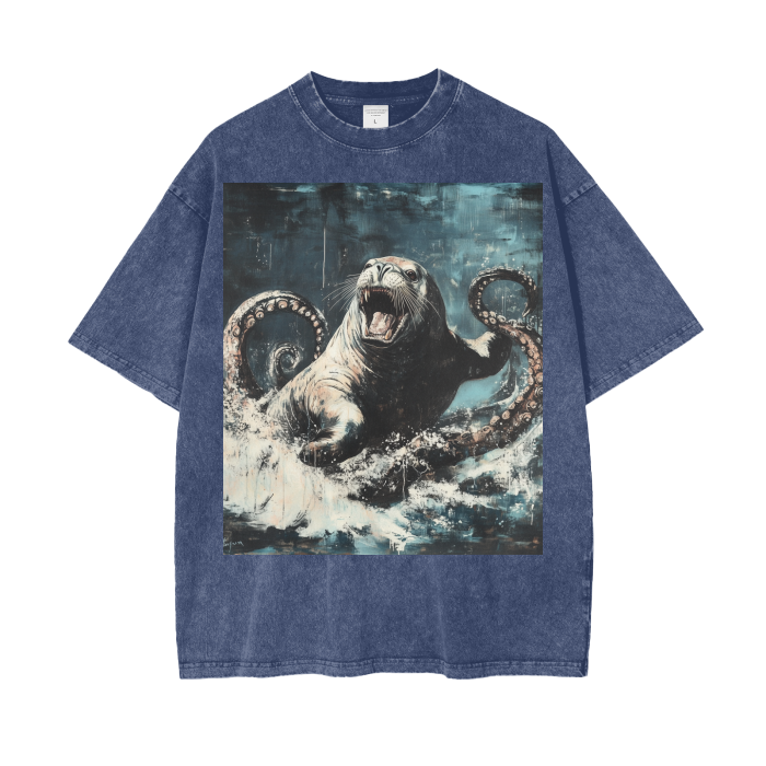 Rustic Kraken Vs Sea Lion Ocean Waves Acid Wash Oversize T-Shirt - 250 GSM
