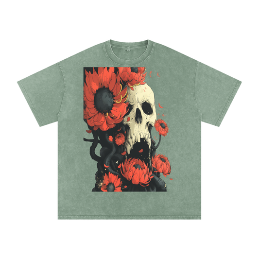 Floral Skull Sepia Goth Petal Octopi Goth Anime Unisex Tee Snow Washed Oversized Cotton T-Shirt