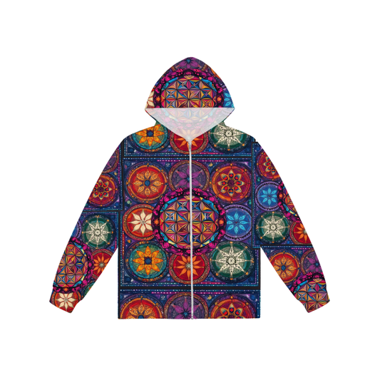 Fractal Floral Mandala Multicolor Warm Heart Chakra Crown Burst Border Festival All-Over Print Women's No Pocket Zip Hoodie