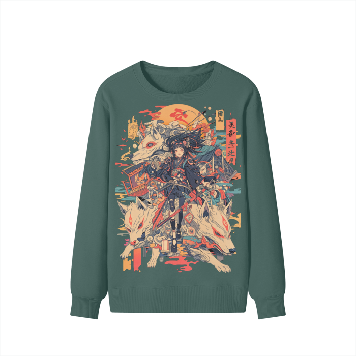 Sepia Fox Yokai Samurai Scroll Girl Streetwear Pullover Classic Sweater - 300 GSM