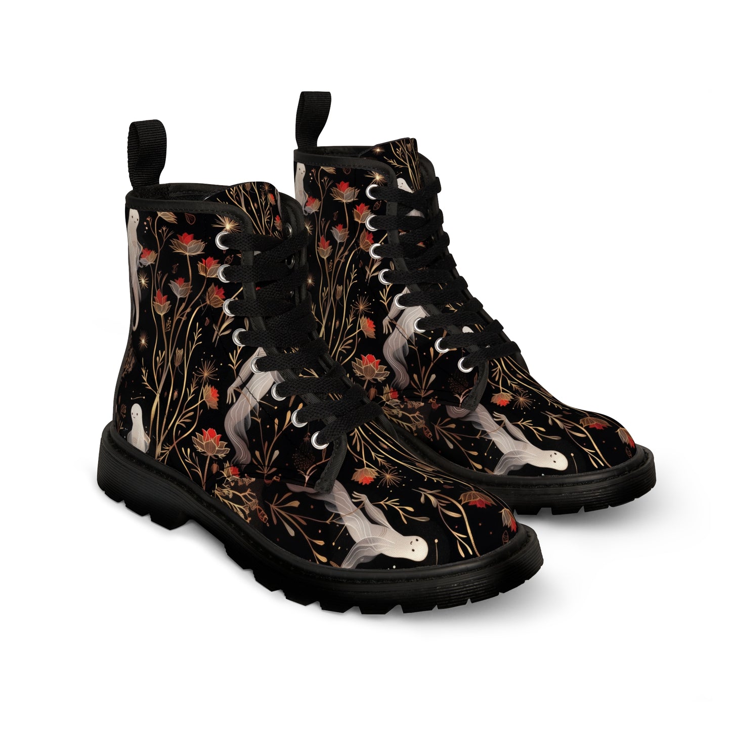 Fall Floral Anime Ghost Red Gold Flower Floating Night Scene Men's Canvas Boots