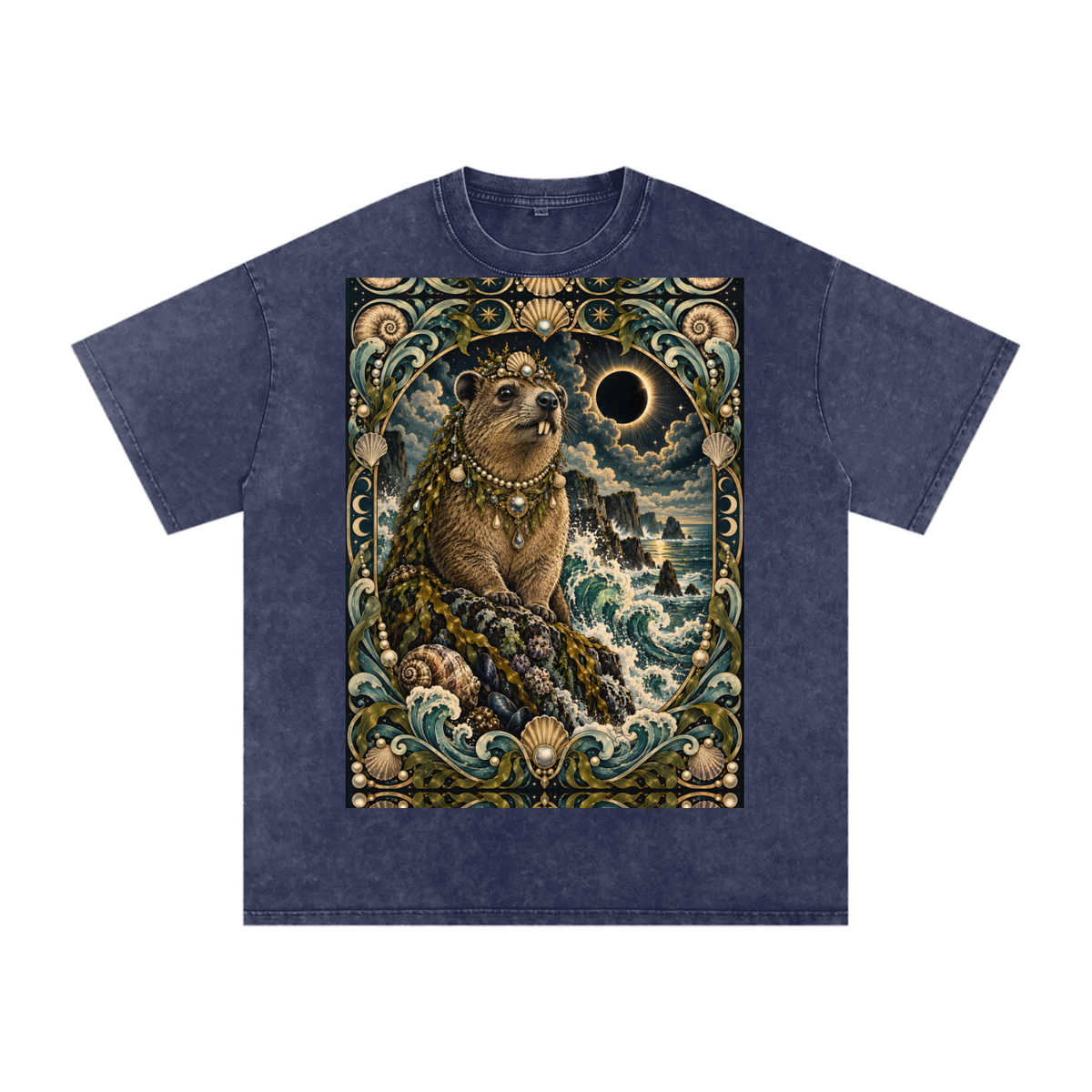 Sea Waves Hyrax Eclipse Moon Night Hyrax Royal Noble Steed Grunge Tooth Snow Washed Oversized Cotton T-Shirt