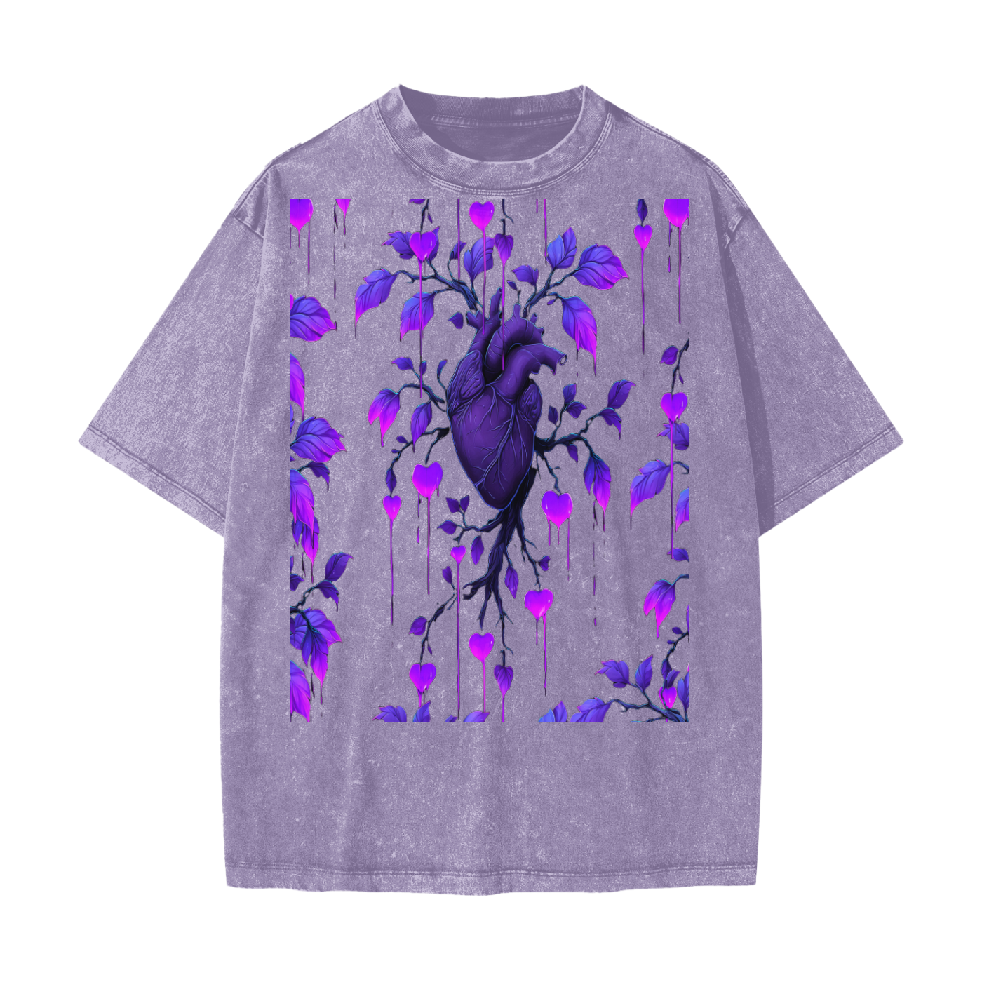 Neon Purple Heart Vine Goth Rave Festival Grunge Floral Snow Washed T-Shirt