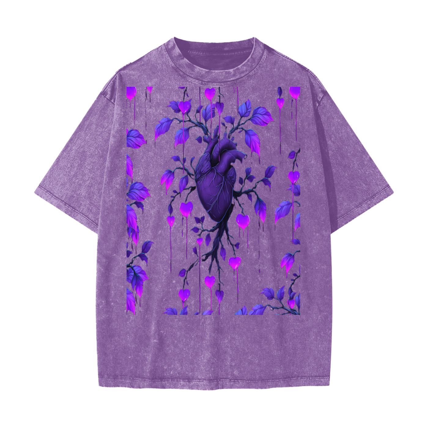 Neon Purple Heart Vine Goth Rave Festival Grunge Floral Snow Washed T-Shirt