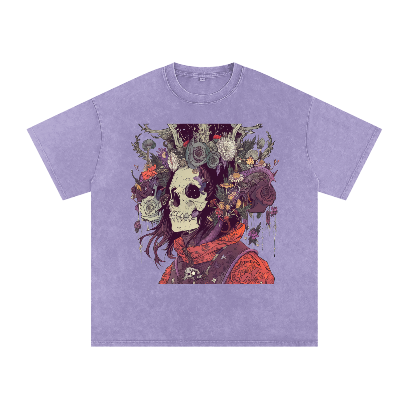 Skull Floral Sepia Warrior Tattoo Abstract Unisex graphic Tee Snow Washed Oversized Cotton T-Shirt
