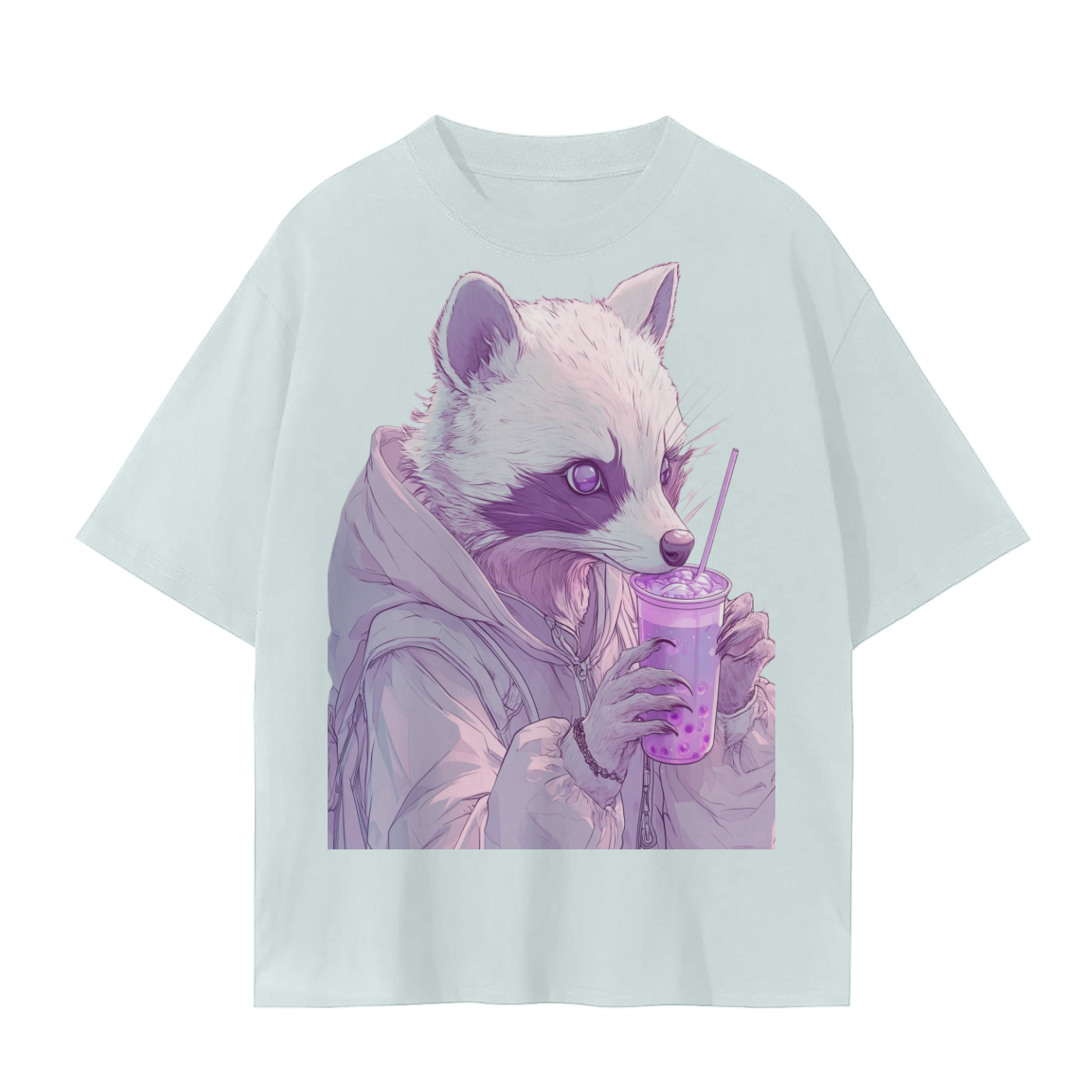 Pastel Pink Lavender Racoon Rainy Day Grunge Punk Anime Boba Tea - Cotton   Unisex Seamless T-Shirt - 230 GSM