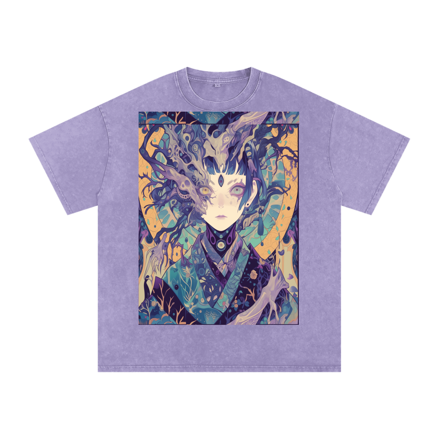 Ice Avant Kimono Anime Phantom Goddess Anime Blue Purple Pastel Grunge Rave Festival Snow Washed Oversized Cotton T-Shirt
