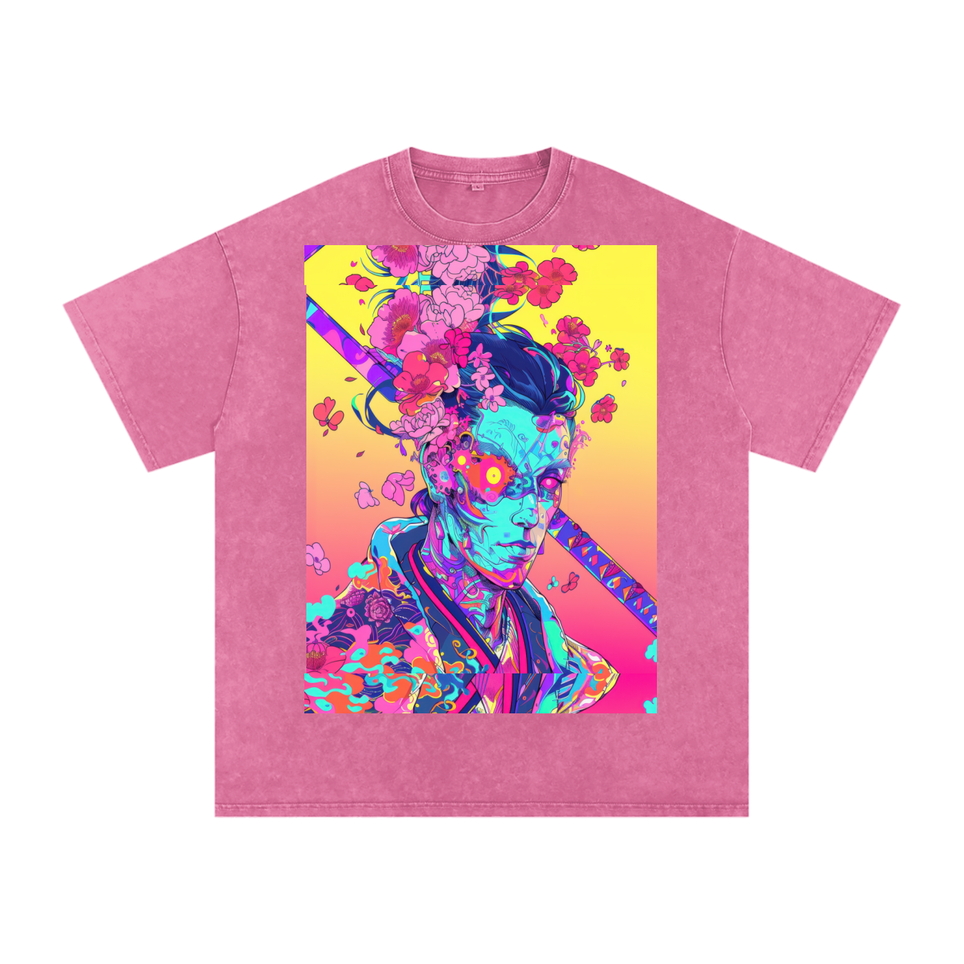 Avant Ombre Floral Samurai Cherry Blossoms Unisex Tee Snow Washed Oversized Cotton T-Shirt