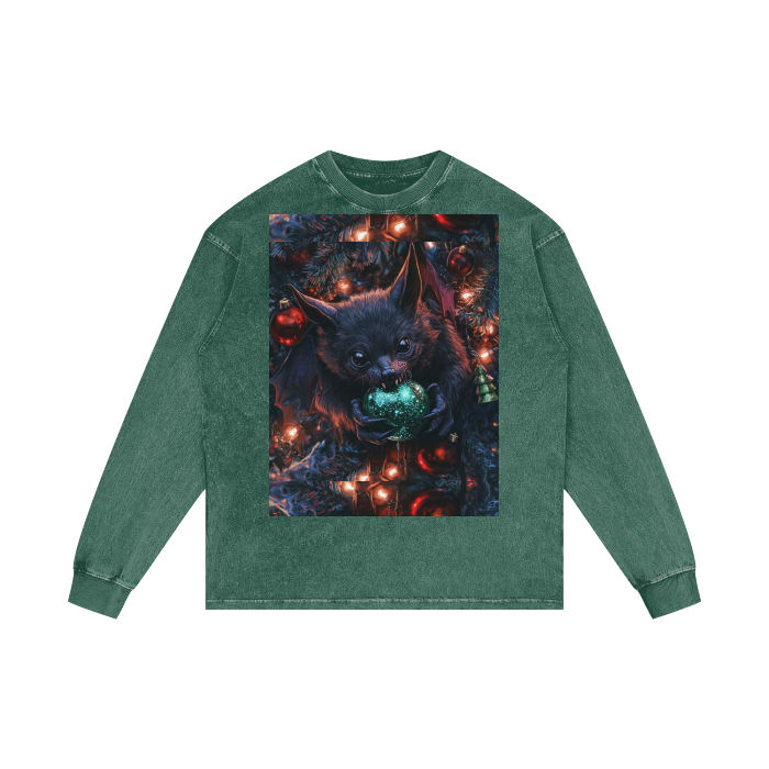 Cute Vicious Sugar Spice Bat Christmas Tree Green Ornament Biter Ugly Christmas Sweater Streetwear Acid Wash Oversize Long Sleeve T-Shirt - 250 GSM