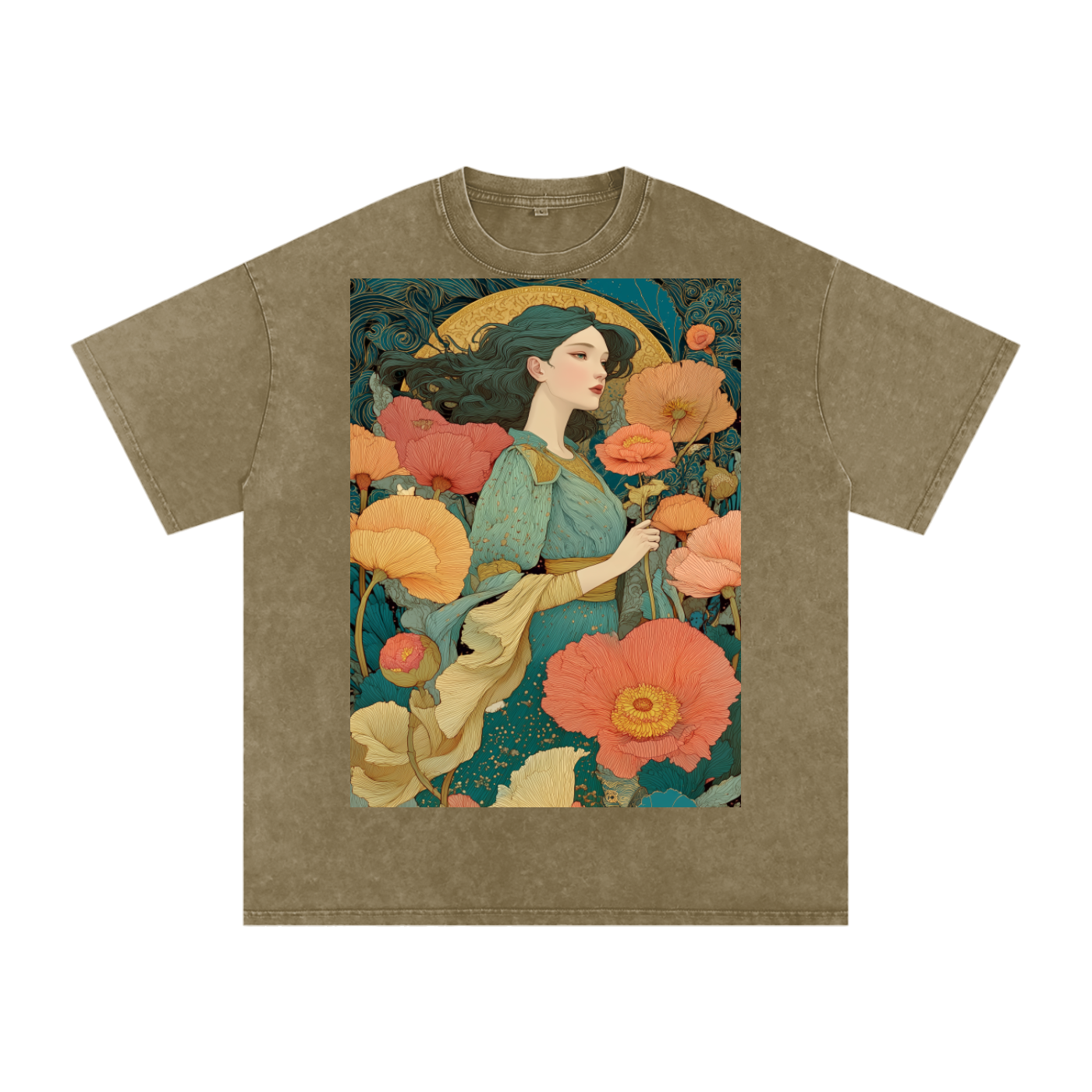 Teal Floral Nouveau Moon Field maiden Snow Washed Oversized Cotton T-Shirt