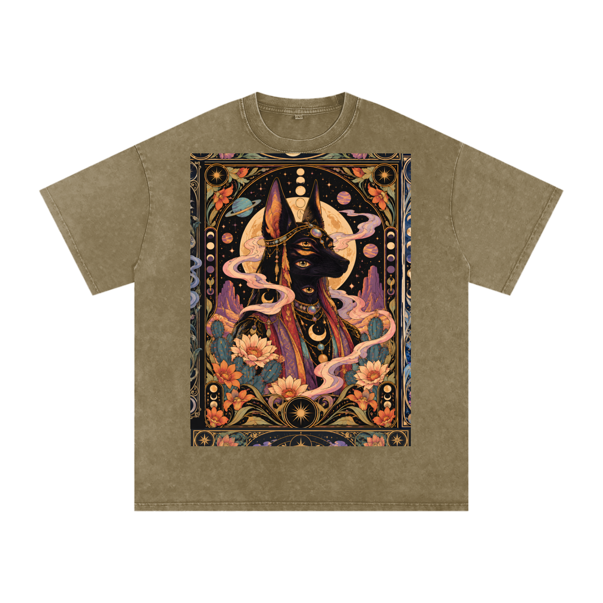 Anubis Egyptian Lotus Moon Tarot Grunge Psy Festival Snow Washed Oversized Cotton T-Shirt Tee