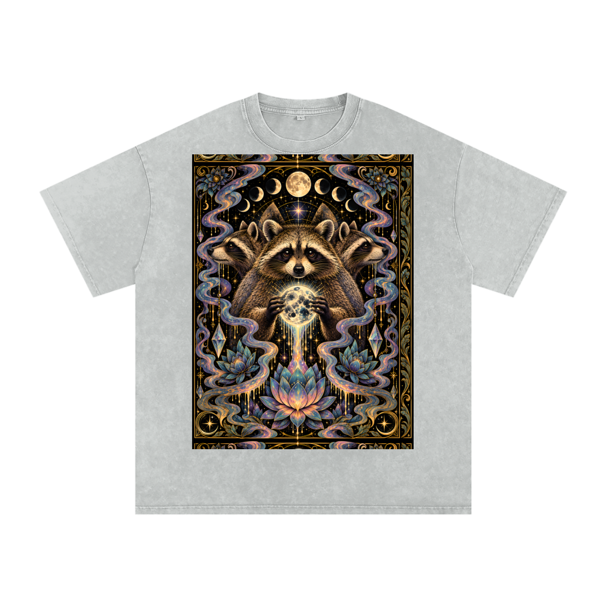 Raccoon Rorshach Moon Lotus Drip Snow Washed Oversized Cotton T-Shirt