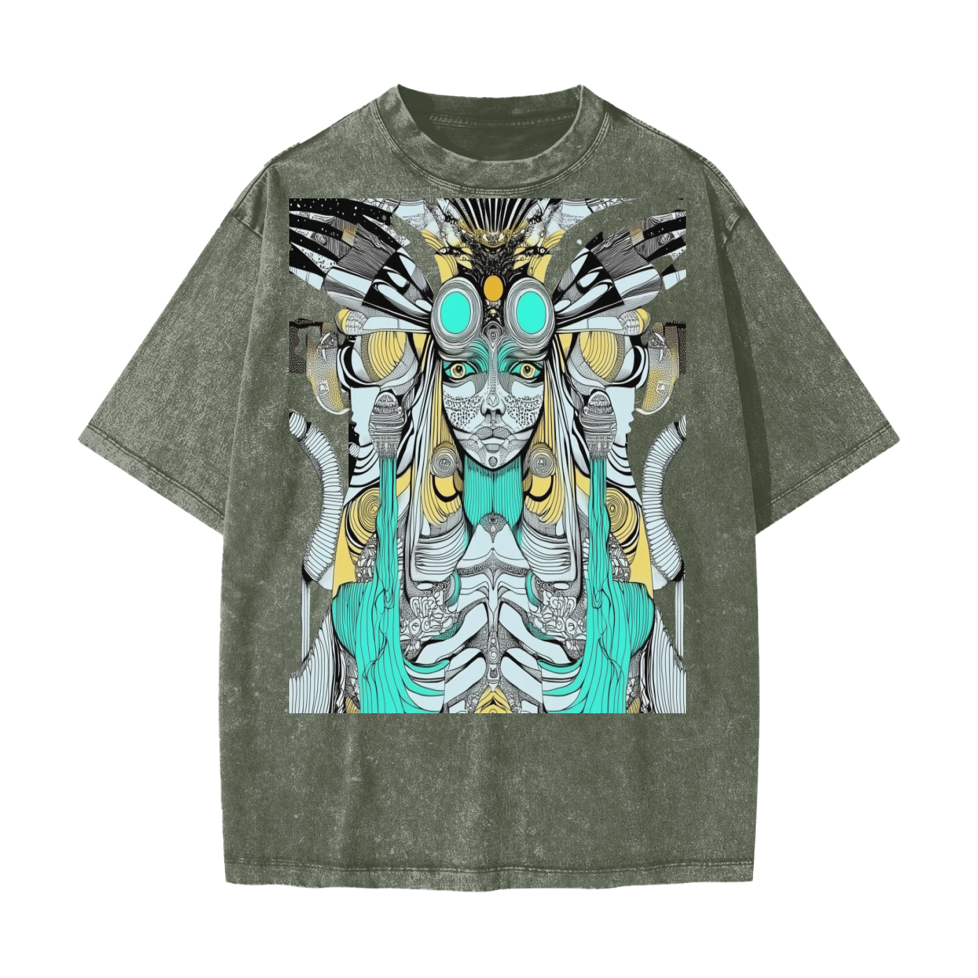 Alien Aztec Atlantean Tribal Vision Psychedelic Rave Streetwear American Vintage Waxed Dyed Washed  Heavyweight 100% Cotton T-Shirt