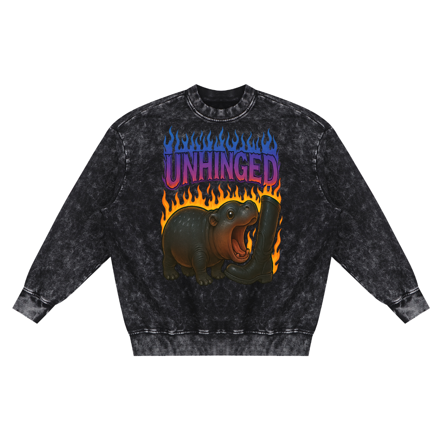 Unhinged Moo Deng Flaming Metal Punk Boot bite baby Pygmy Hippo Snow Washed Hand-Frayed Sweatshirt