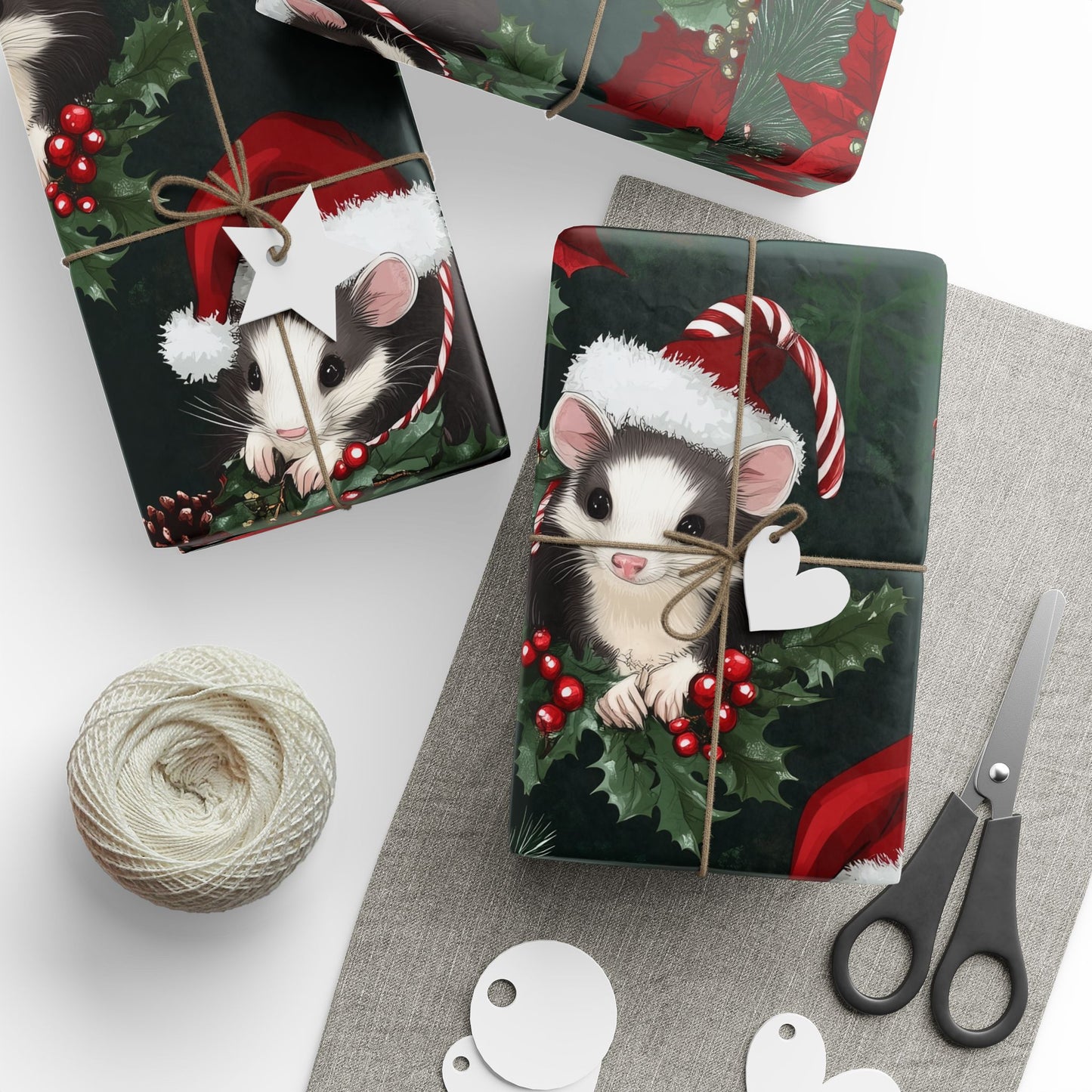 Opossum Trio Cluster PineCone Berries Pine Poinsetta Wrapping Papers