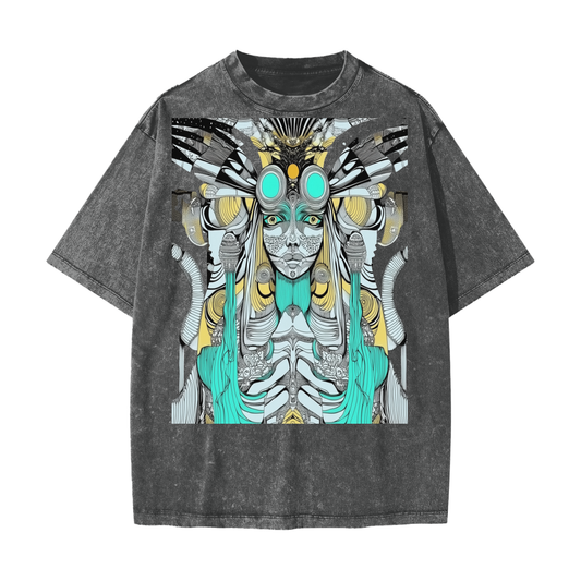 Alien Aztec Atlantean Tribal Vision Psychedelic Rave Streetwear American Vintage Waxed Dyed Washed  Heavyweight 100% Cotton T-Shirt