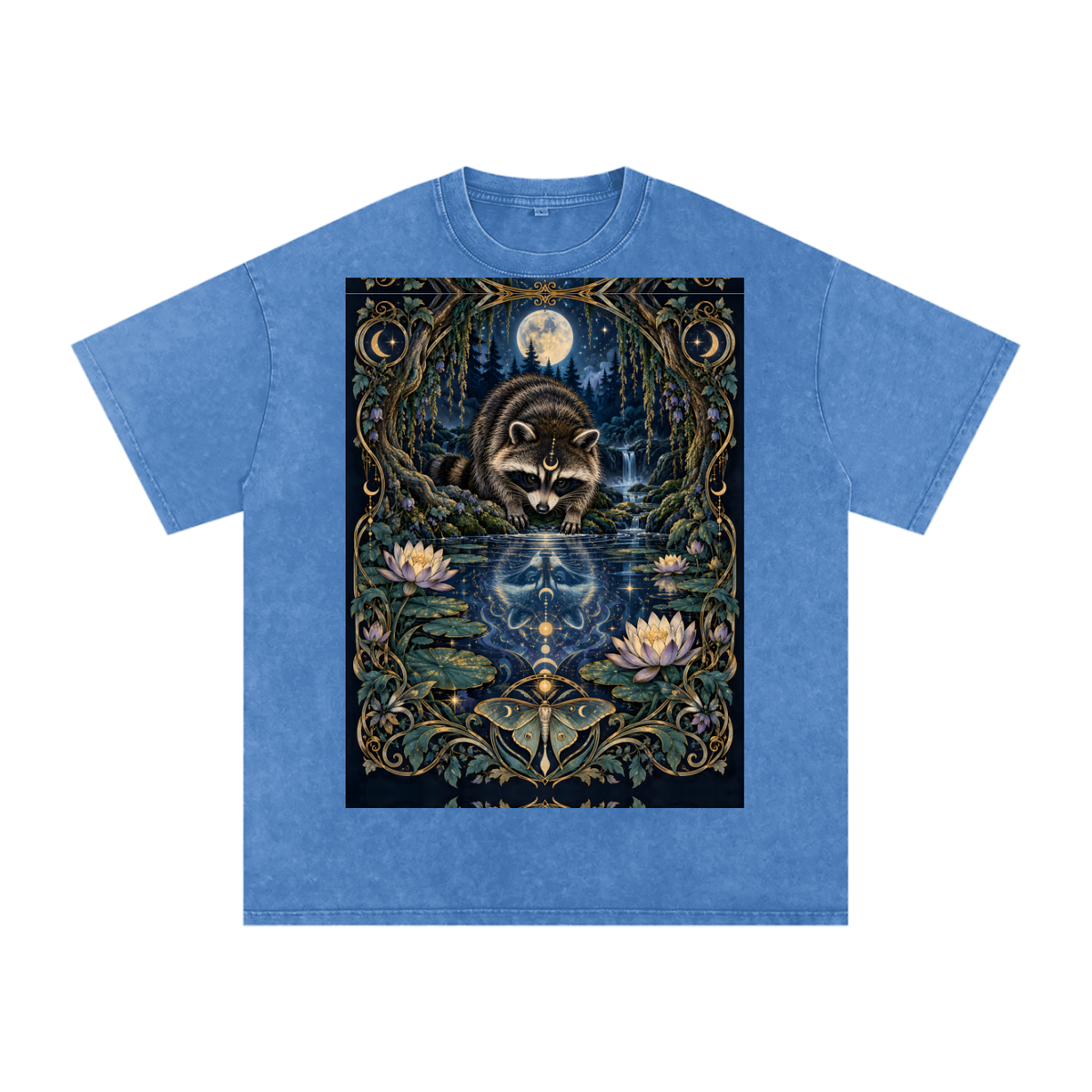 Raccoon Night Woods Lotus Reflection Fall Snow Washed Oversized Cotton T-Shirt