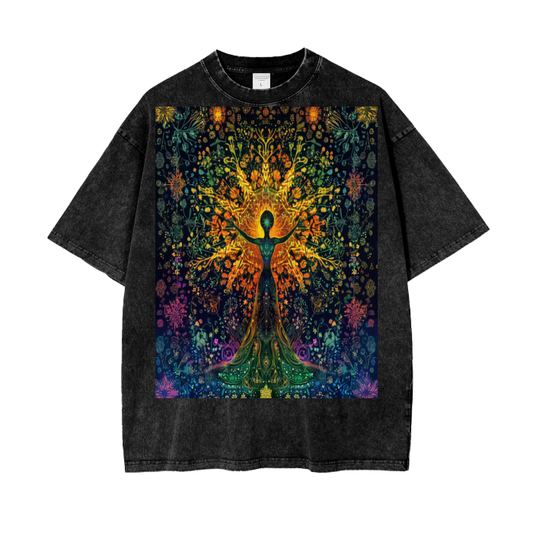 Pagan Goddess of Solar Woodland Harvest Winter Snowflake Psychedelic color burst Festival Psy streetwear Acid Wash Oversize T-Shirt - 250 GSM
