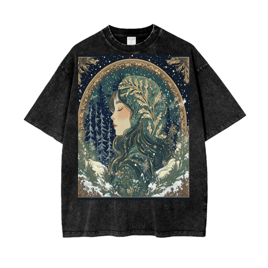 Gold Green Rustic Anime Silhoutte Border Snow Fairy Lady of the Woods Streetwear Acid Wash Oversize T-Shirt - 250 GSM