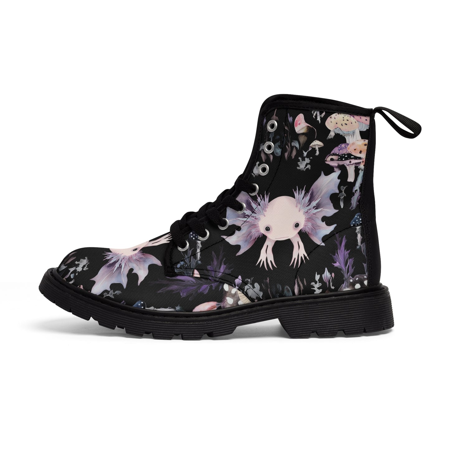 Axolotl Pastel Lilac Purple Pink Goth Black Rose Thorn Reflection Symmetry Men's Canvas Boots