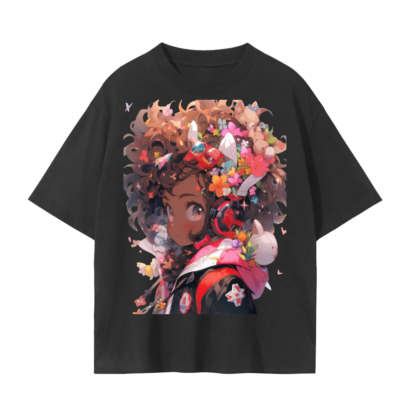 Anime Girl Kawaii Color Pop Unisex Tee – Tan Curly Hair Graphic T-Shirt on Soft Cotton Unisex Seamless T-Shirt