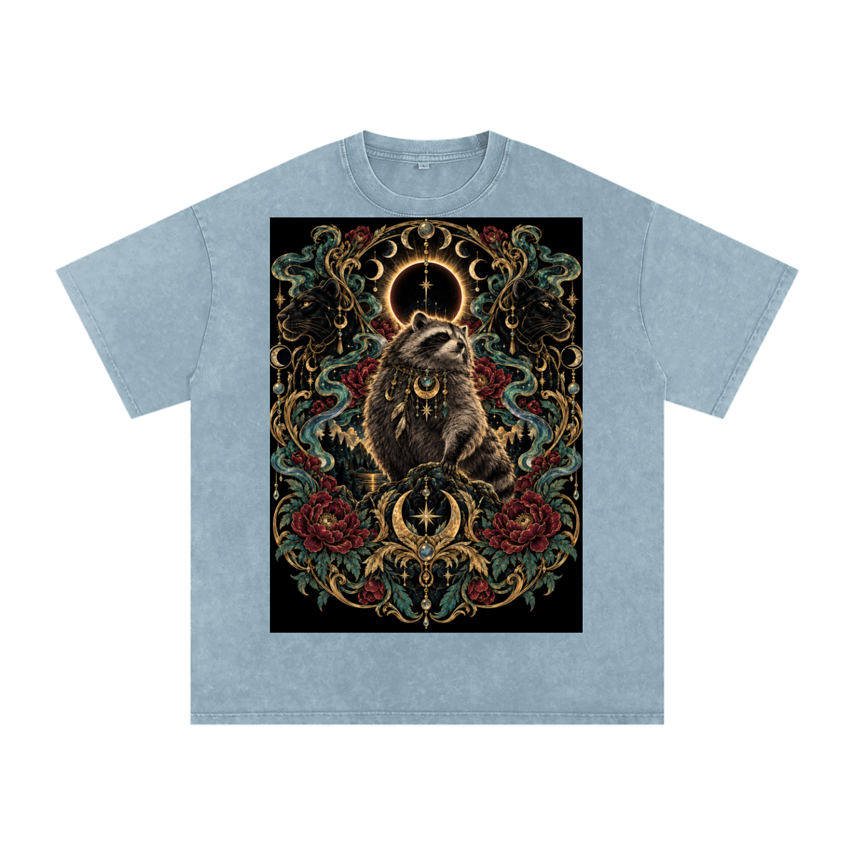Racoon Crescent Panther Moonlight Grunge Washed Oversized Cotton T-Shirt