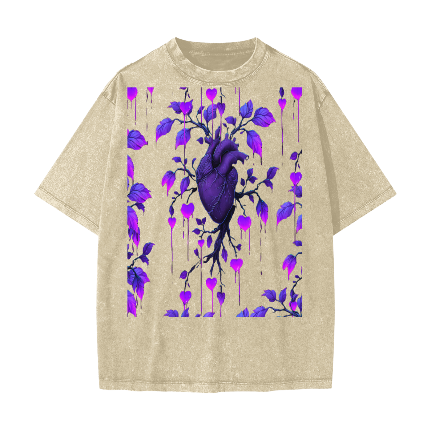 Neon Purple Heart Vine Goth Rave Festival Grunge Floral Snow Washed T-Shirt