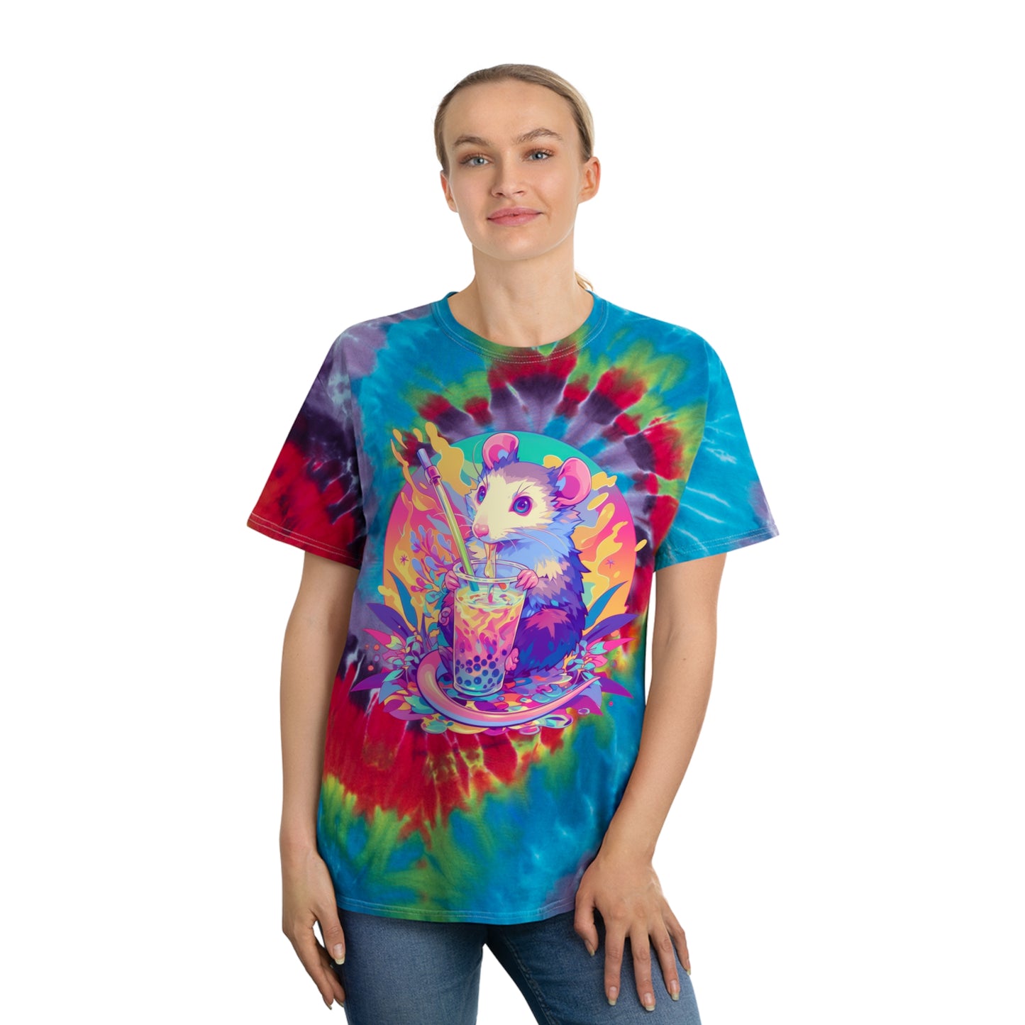 Pastel Opossum Psychedelic Swirl Boba Drip Tee Tie-Dye Tee, Spiral