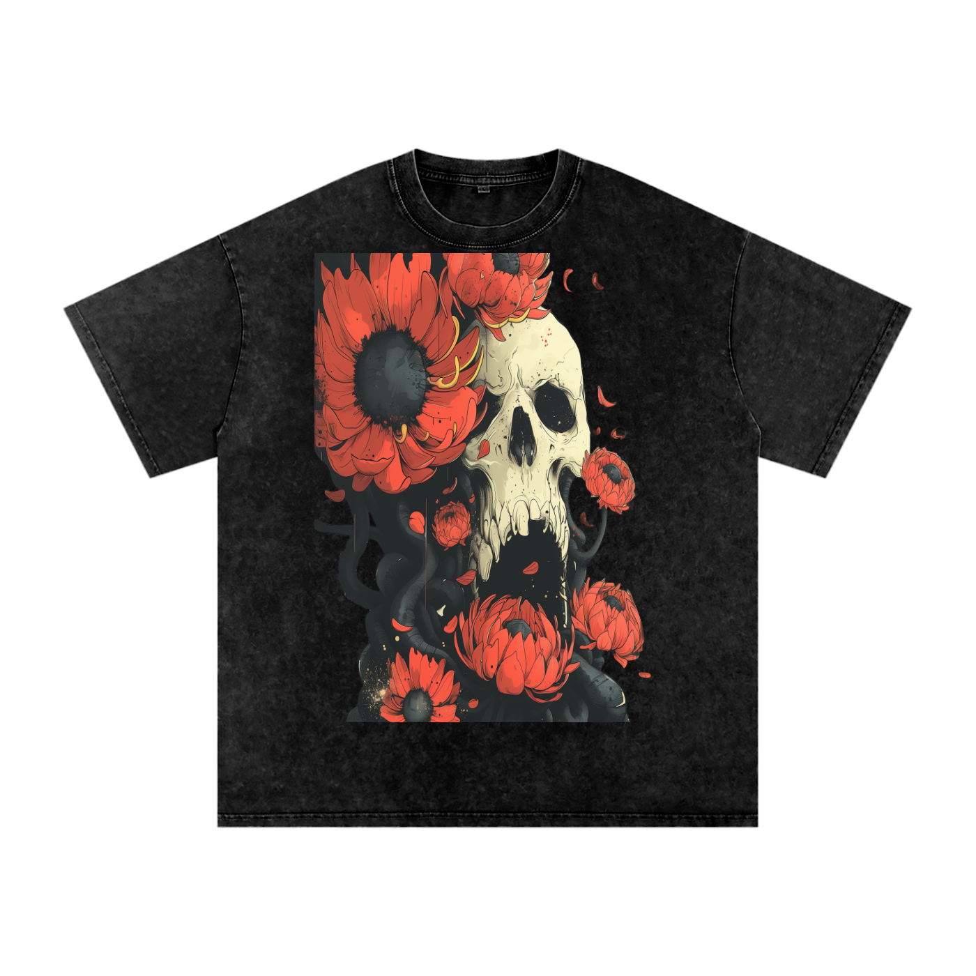 Floral Skull Sepia Goth Petal Octopi Goth Anime Unisex Tee Snow Washed Oversized Cotton T-Shirt